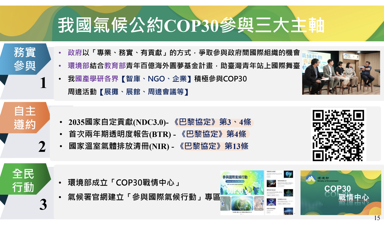 今年秉持專業、務實、貢獻三原則參與國際氣候行動。(圖片來源:環境部)