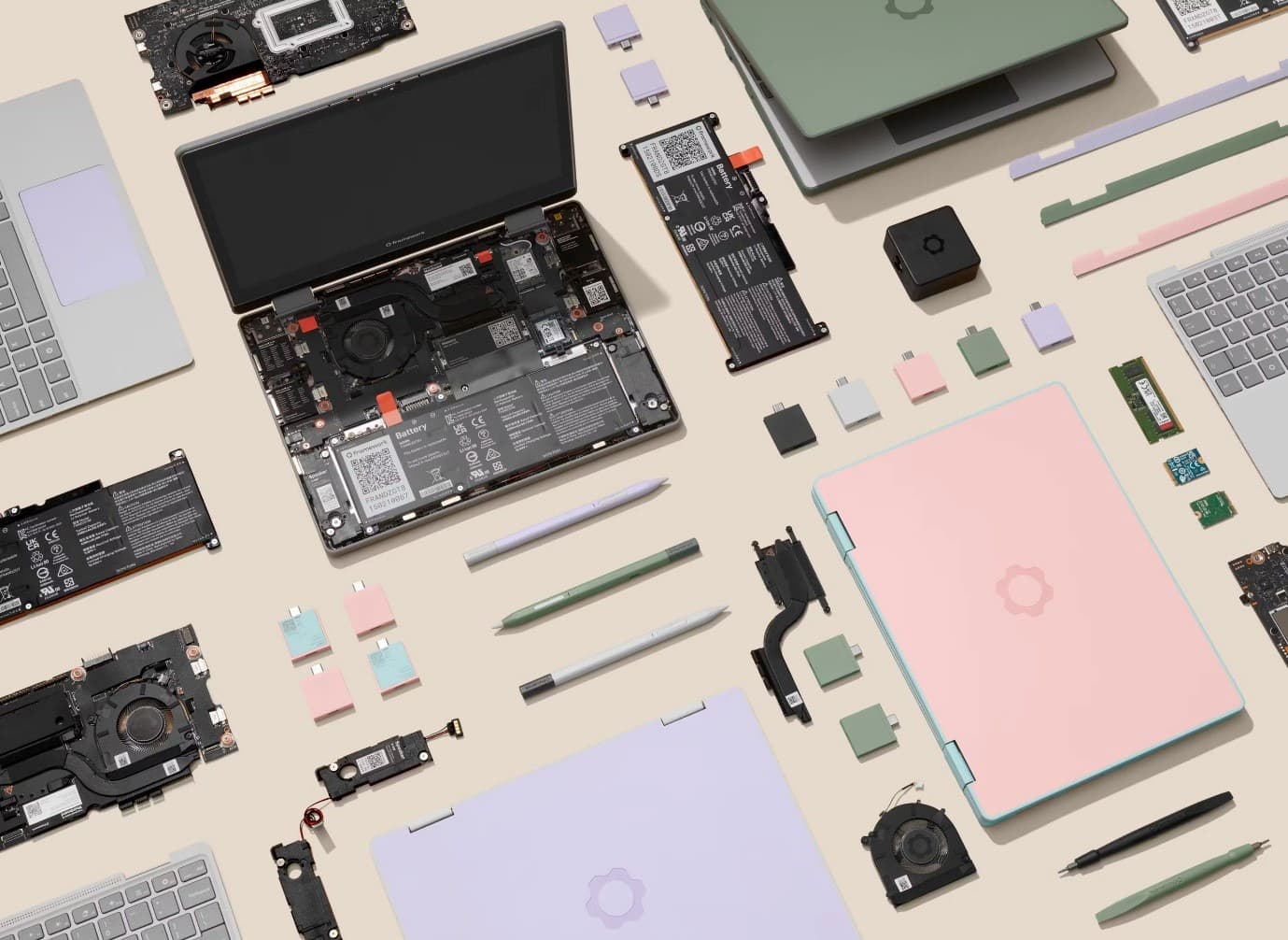 Framework 筆電的可維修設計，讓使用者可以DIY更換處理器、電池、USB插槽等零件。照片來源：Framework
