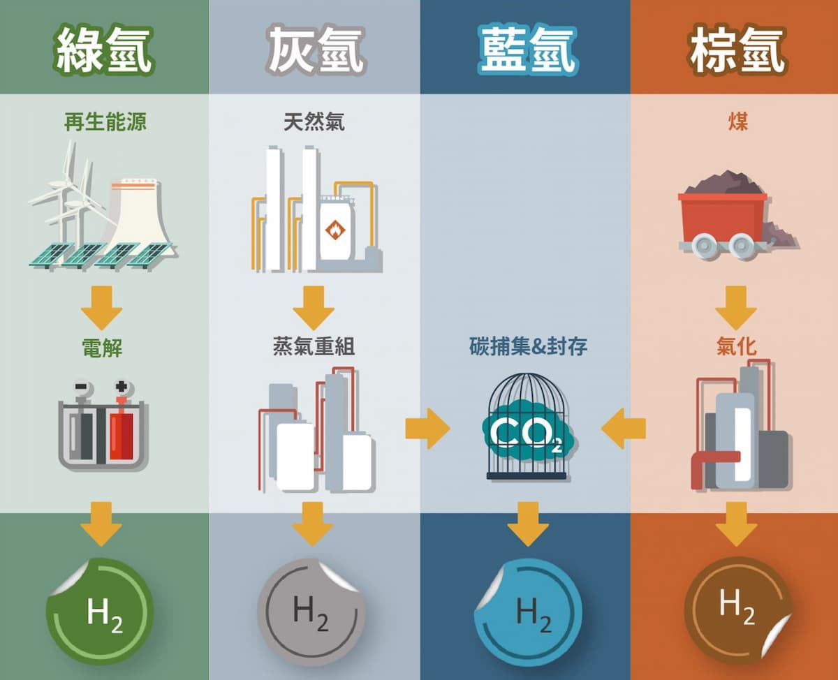 依照不同的製造方式，國際上又將氫能主要分為綠氫、灰氫、藍氫、棕氫等不同種類。