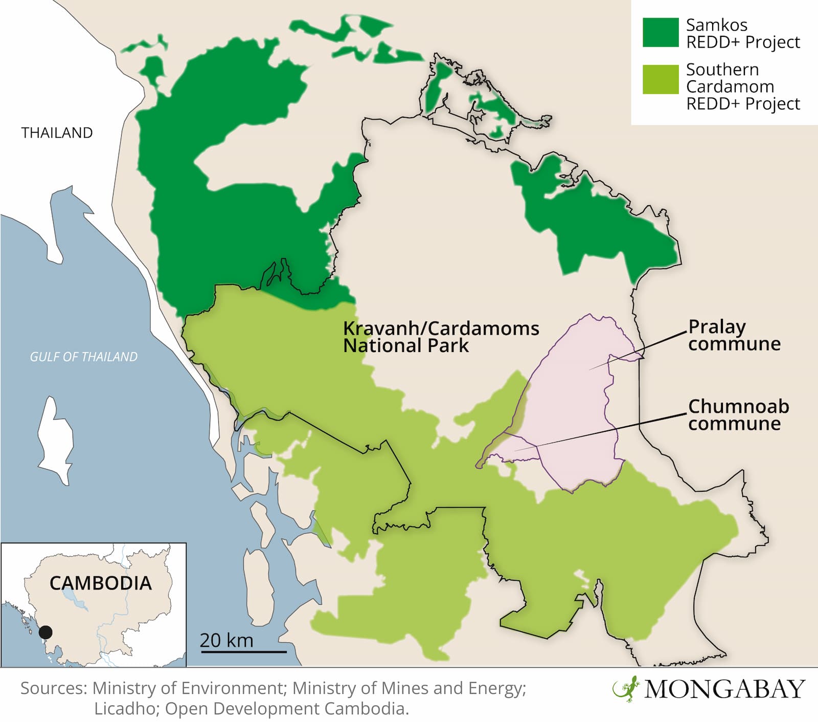 This map shows the scale of Wildlife Alliance’s REDD+ projects across the Cardamom Mountains. Image by Andrés Alegría / Mongabay.