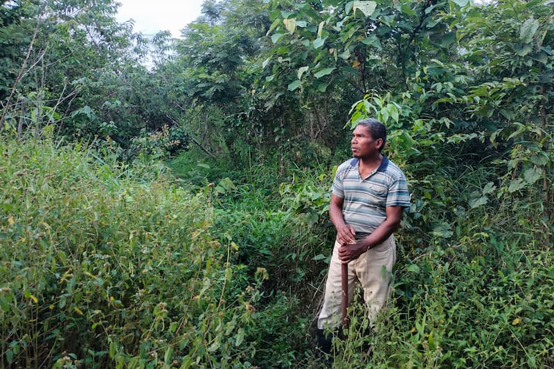 Van Bo, a Chorng farmer, took reporters to the spot where he said Wildlife Alliance burned his rice harvest. Image by Gerald Flynn / Mongabay.