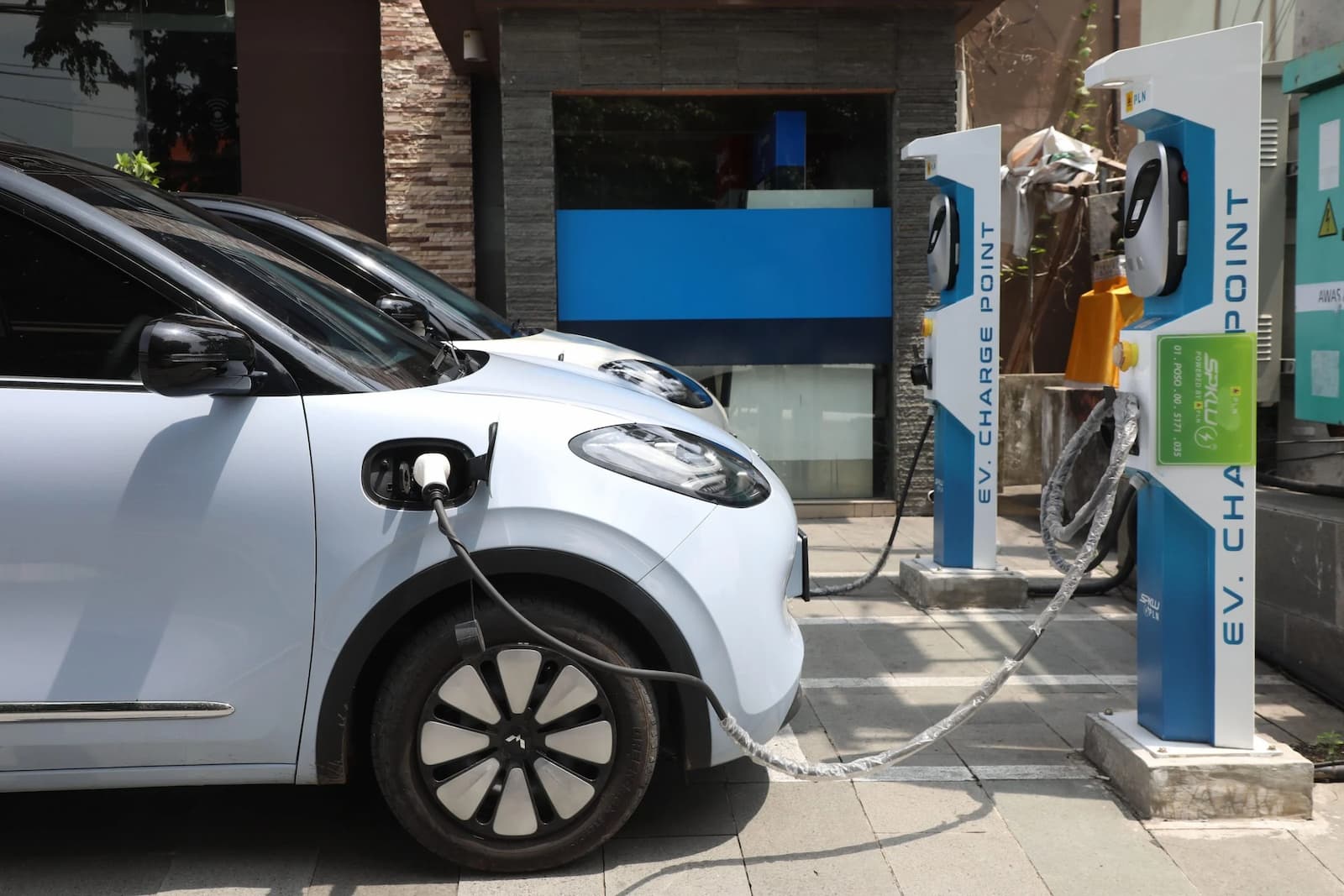 Electric cars at a charging station in Bali, Indonesia (Image: Carrot / Alamy)