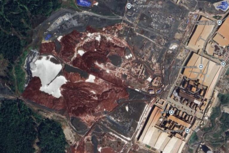 A google earth image of the tailings management facility in the Indonesia Morowali Industrial Park (IMIP) in Sulawesi.