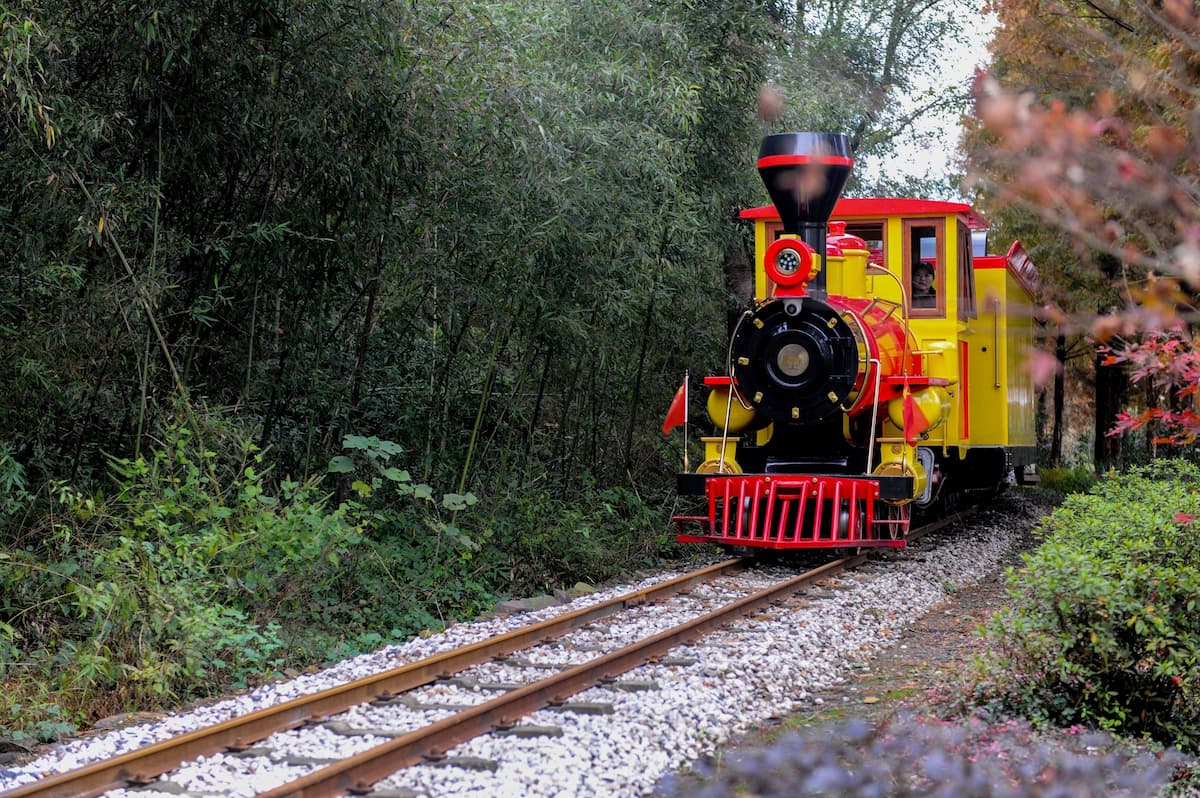 A sightseeing train in Anji’s village of Lujia, where parts of the 2000 film Crouching Tiger, Hidden Dragon were filmed. Launched in the 2010s, the train enables more tourism to the village and its bamboo forests (Image: Zhang Liqing / Imago / Alamy)