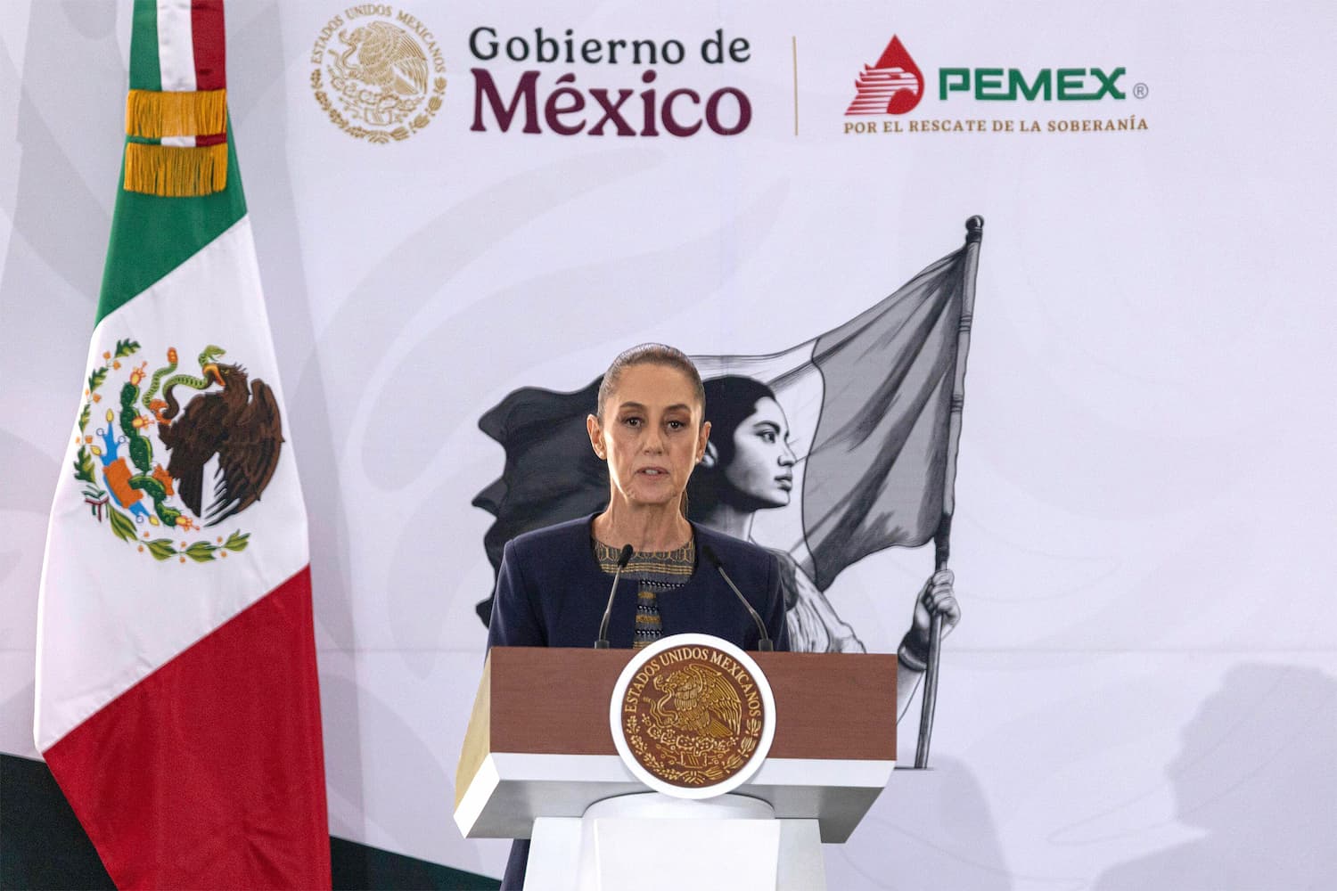 President Claudia Sheinbaum speaks at the 87th anniversary of state-owned oil company Pemex. Although she vowed to make renewable energy a cornerstone of her administration, the government will invest further in an indebted Pemex in a bid to achieve “energy sovereignty” (Image: Cristian Leyva / ZUMA Press / Alamy)