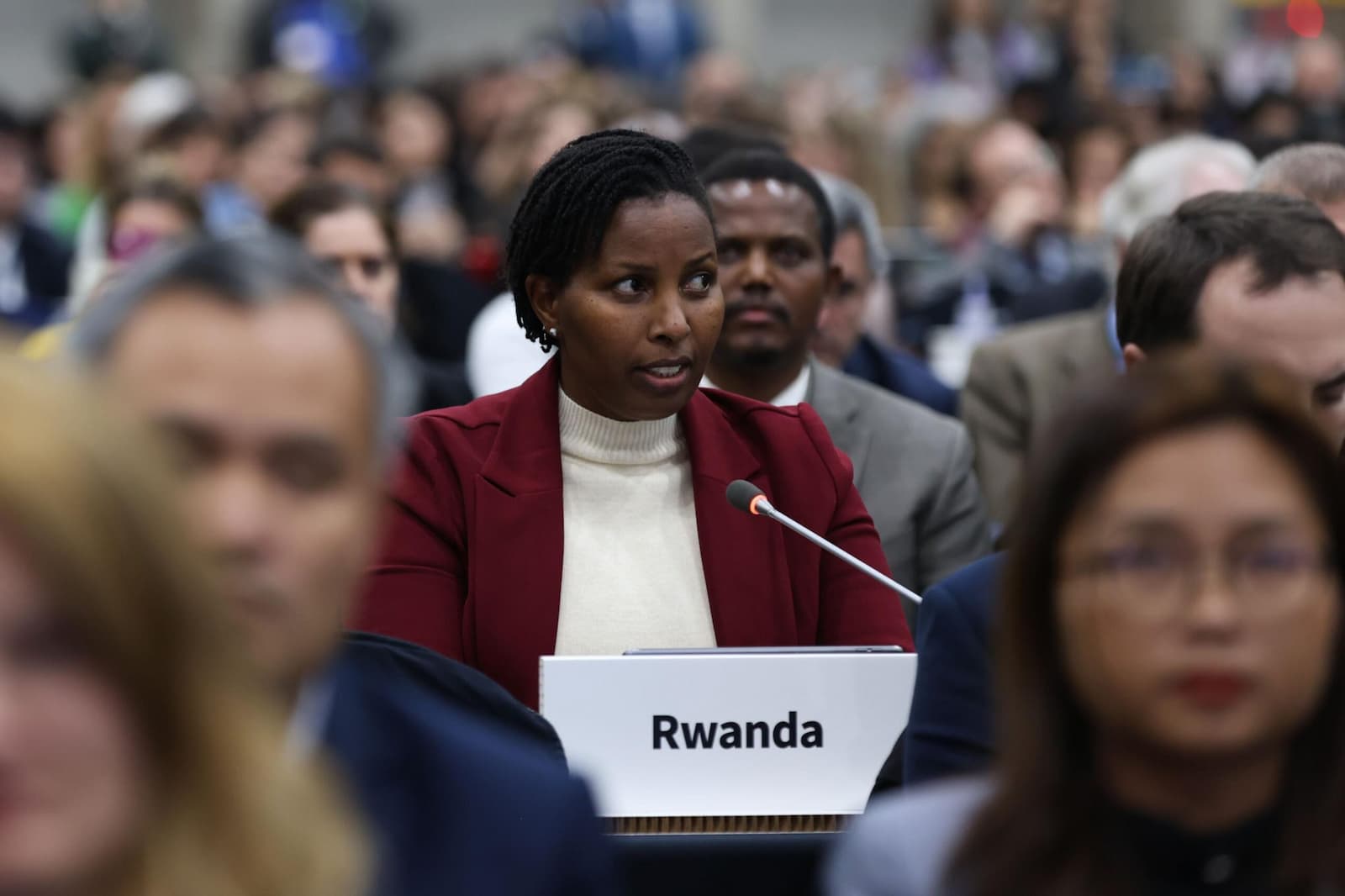 Juliet Kabera of Rwanda, speaking on behalf of  the High Ambition Coalition to End Plastic Pollution, at INC-5.1 in Busan, South Korea. Image courtesy of IISD/ENB/Kiara Worth.