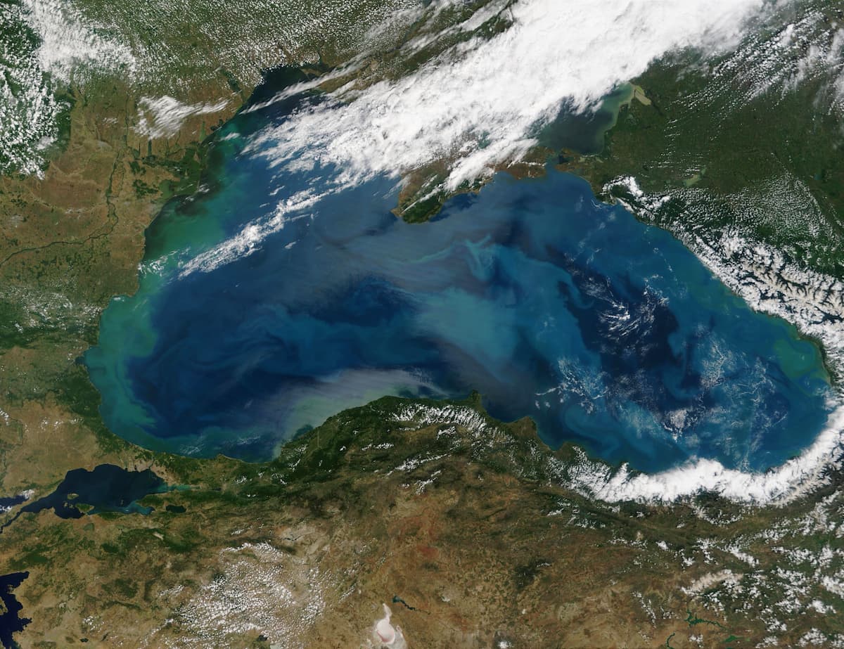 Entrepreneurial companies think sinking crop waste in oxygen-depleted waters could lock up carbon and help fight with climate change. The Black Sea is one location on their lists (Image: NASA / Dembinsky Photo Associates / Alamy)