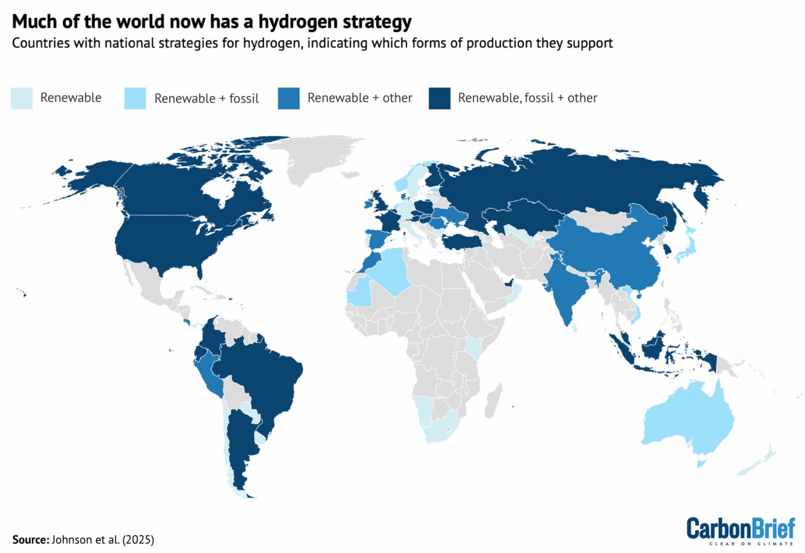 Countries with national hydrogen strategies, colour-coded according to whether they are focusing on renewable, fossil fuel or other sources of hydrogen. Source: Johnson et al. (2025) using data from Corbeau & Kaswiyanto.