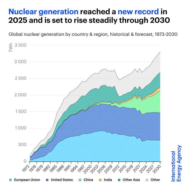 2025年全球核能發電量創新高,預計到2030年將穩定成長。(圖片來源:IEA)