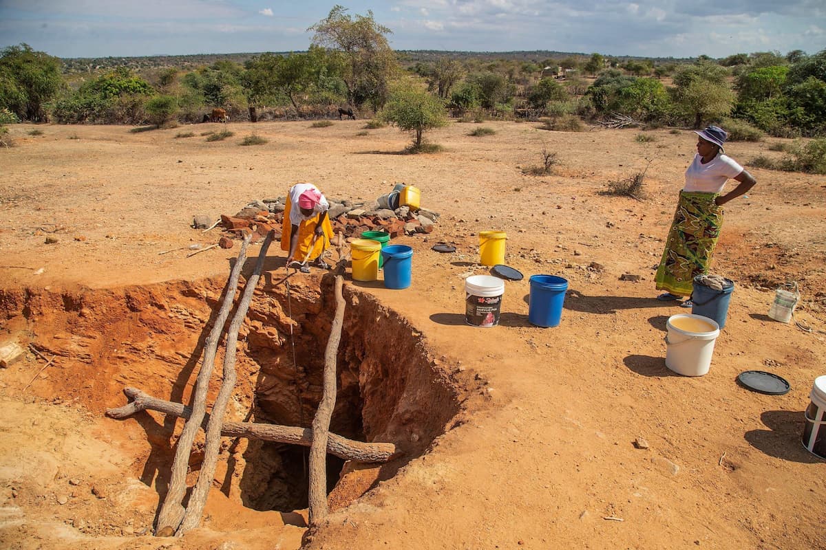 Villagers fetch water from a makeshift borehole in Mudzi, Zimbabwe in July 2024 after months of drought (Image: Aaron Ufumeli / Associated Press / Alamy)