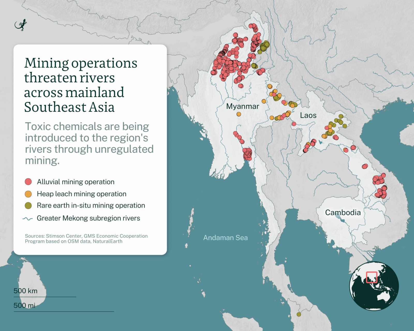 Using satellite imagery analysis, the Stimson Center has produced a dataset of various mining types identified across mainland Southeast Asia’s river basins. Image by Emilie Languedoc / Mongabay.