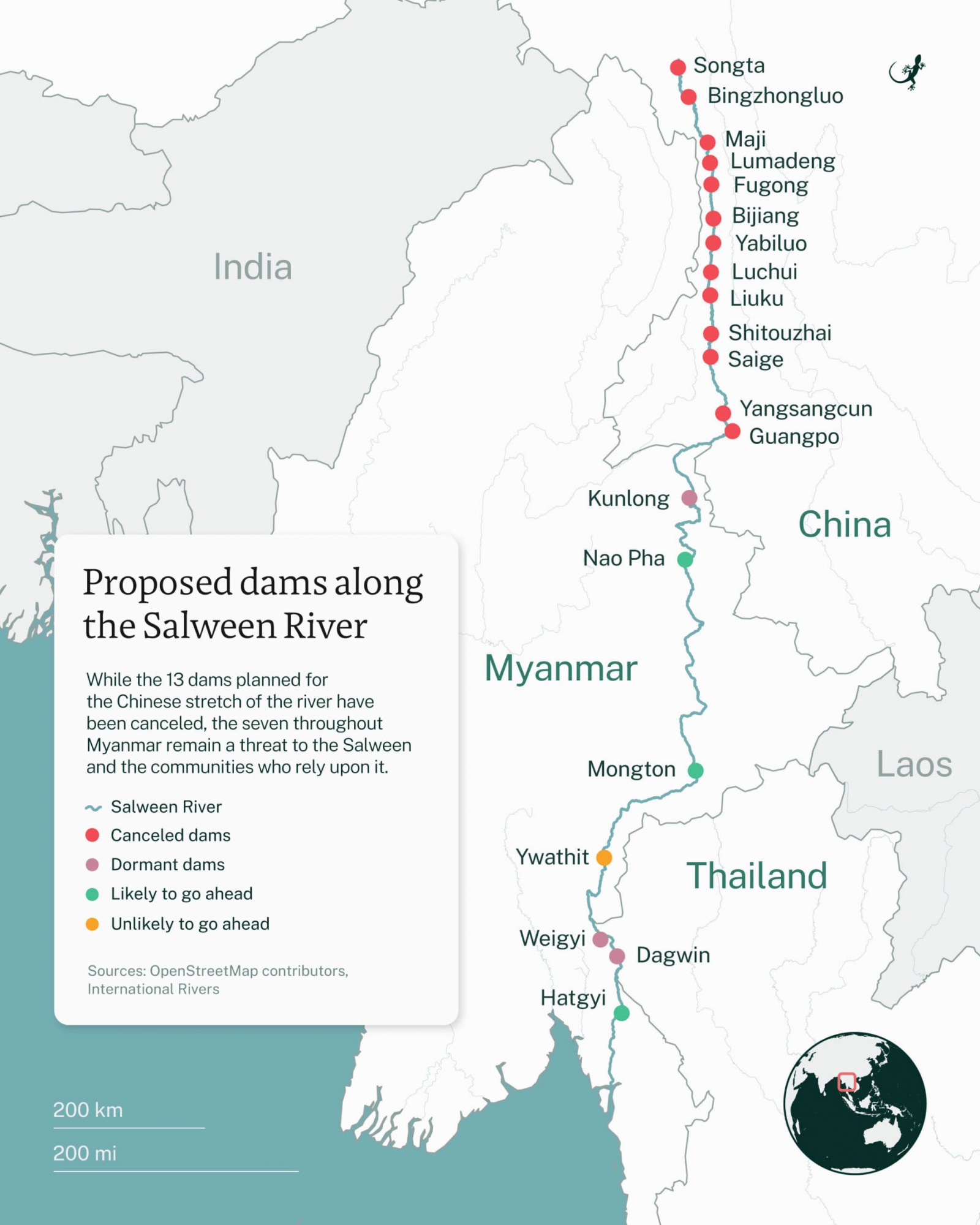 This map shows the latest known situation for each of the planned dams along the Salween River. Image by Emilie Languedoc / Mongabay.