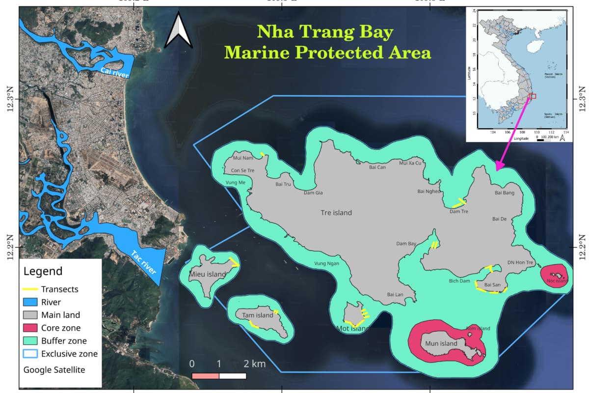 The Nha Trang Bay Marine Protected Area and its functional zones are influenced by the Cai and Tac rivers. Image courtesy of Nguyen Trinh Duc Hieu/ Joint Vietnam-Russia Tropical Science and Technology Research Center.
